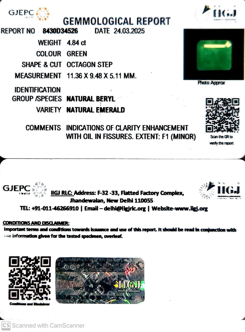 4.84/CT Natural Panna Stone with Govt. Lab Certificate