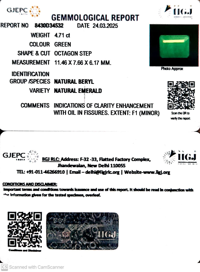 4.71/CT Natural Panna Stone with Govt. Lab Certificate
