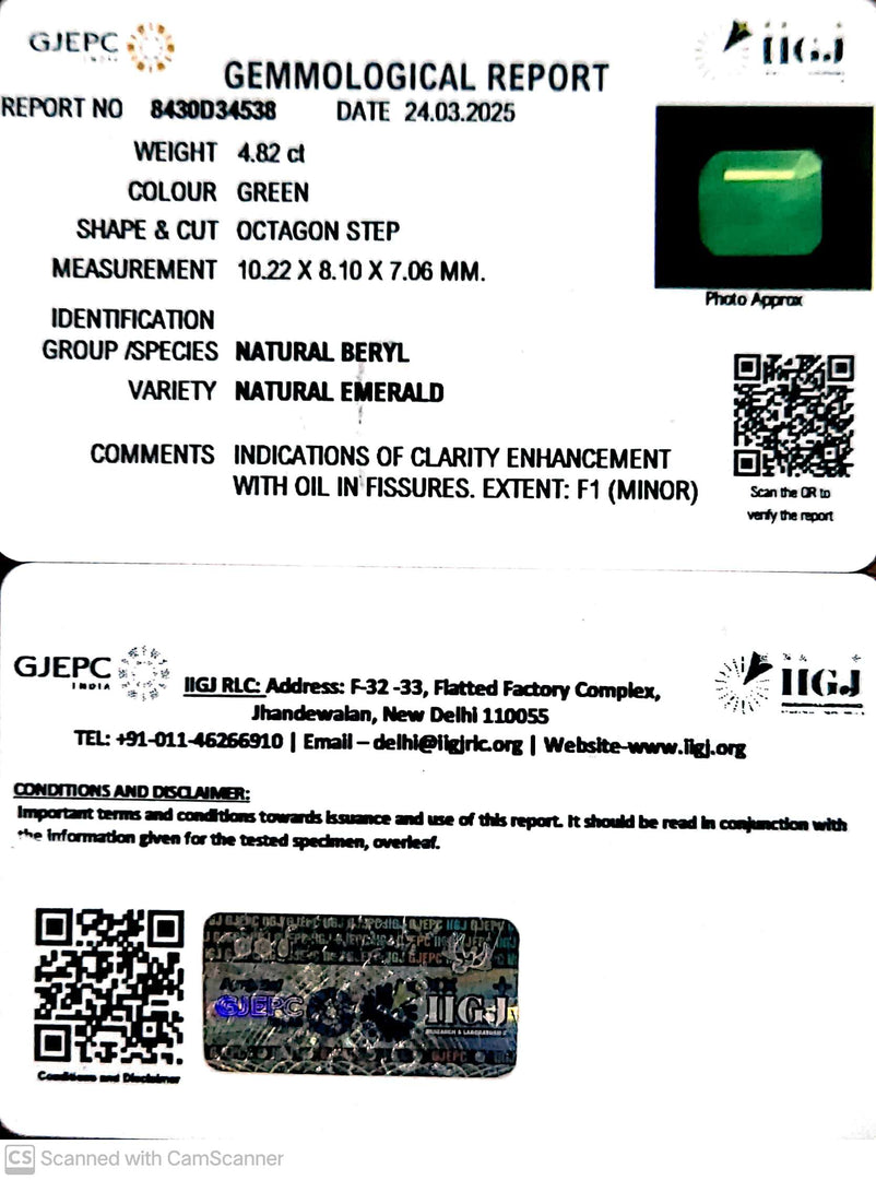 4.82/CT Natural Panna Stone with Govt. Lab Certificate