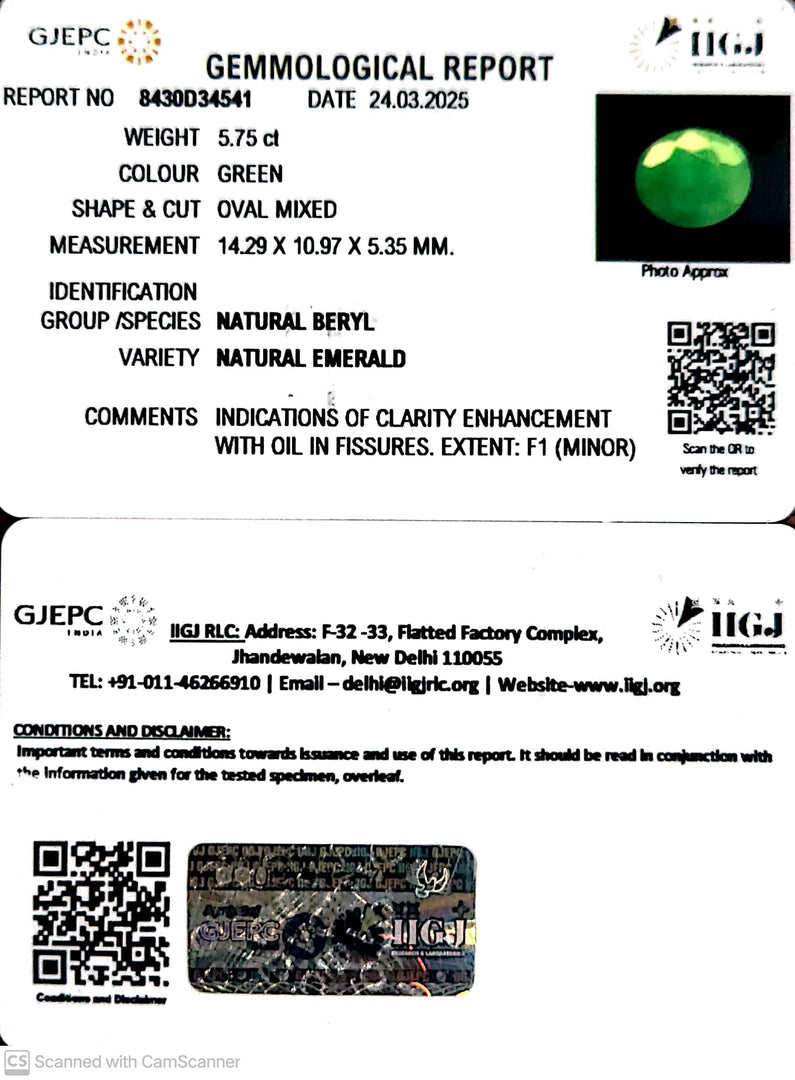 5.75/CT Natural Panna Stone with Govt. Lab Certificate