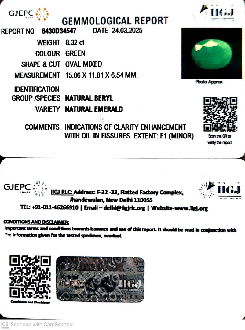8.32/CT Natural Panna Stone with Govt. Lab Certificate