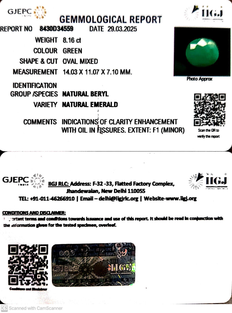 8.16/CT Natural Panna Stone with Govt. Lab Certificate