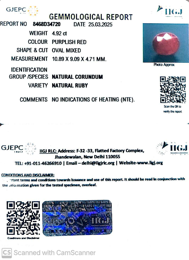 4.92/CT Natural Ruby with Govt. Lab Certificate