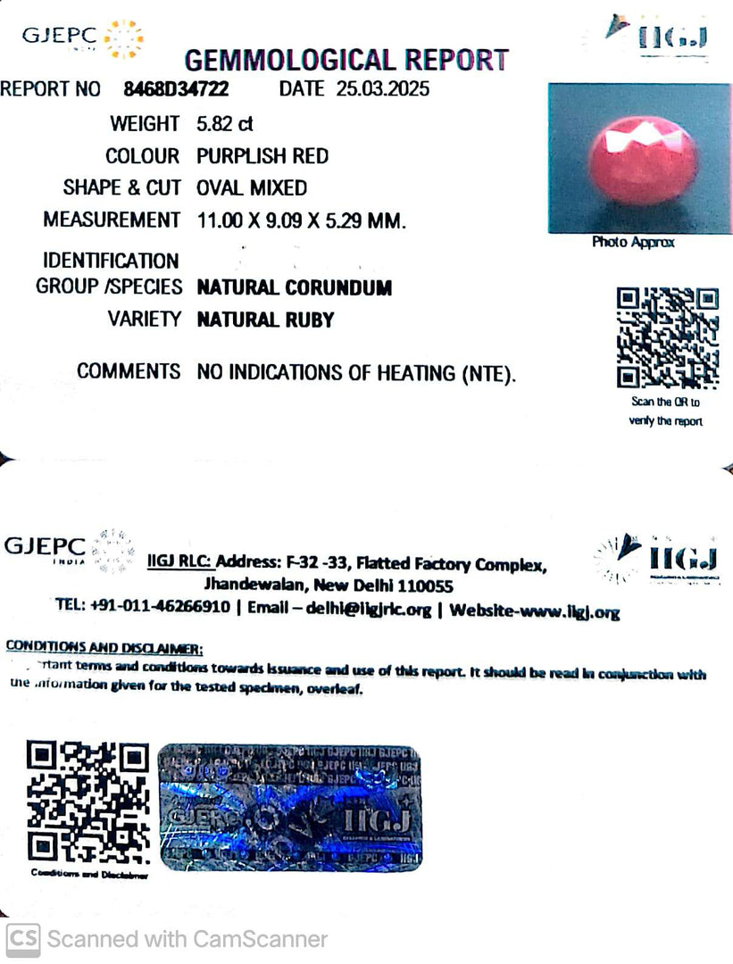 5.82/CT Natural Ruby with Govt. Lab Certificate