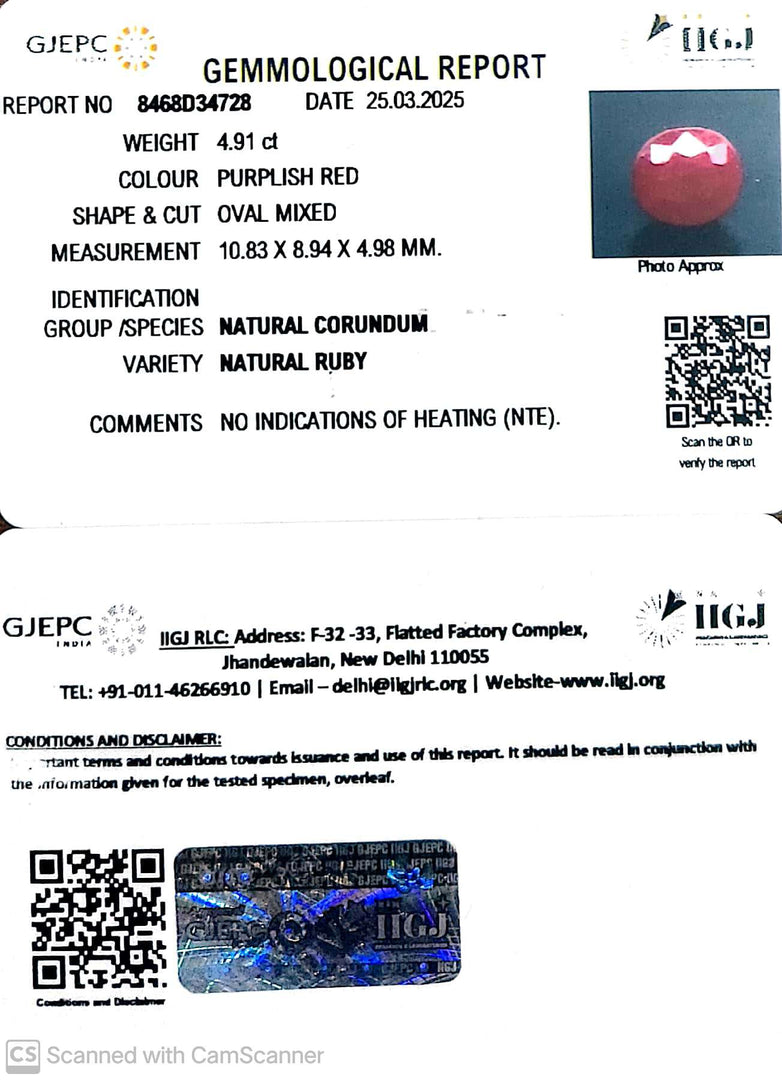 4.91/CT Natural Ruby with Govt. Lab Certificate