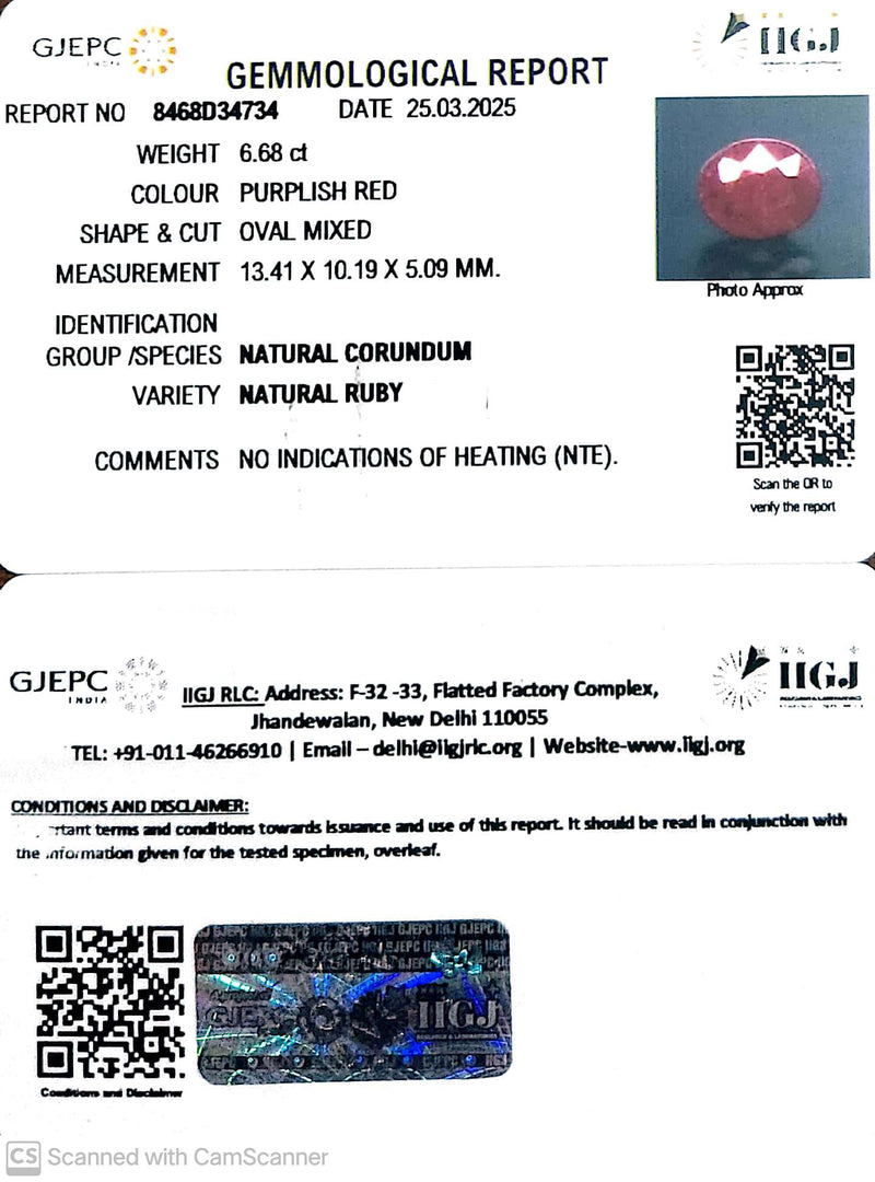 6.68/CT Natural Ruby with Govt. Lab Certificate