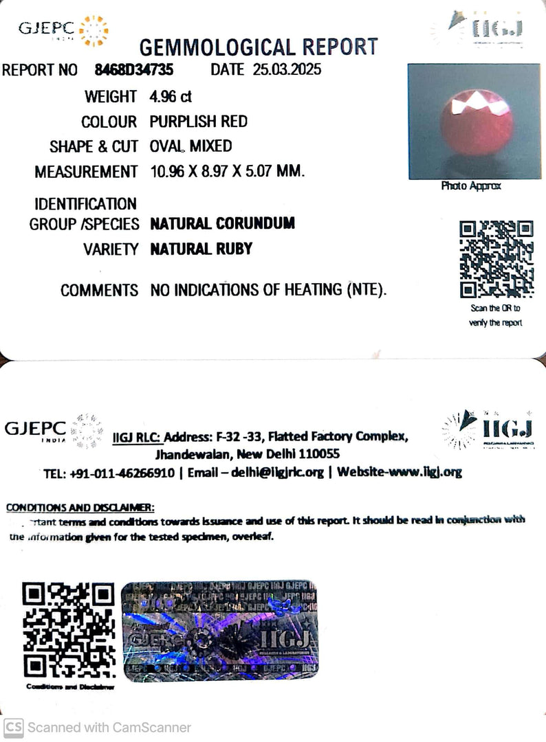 4.96/CT Natural Ruby with Govt. Lab Certificate