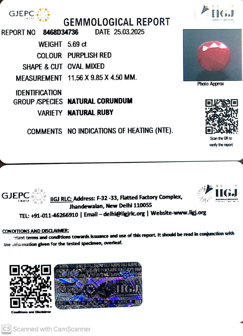 5.69/CT Natural Ruby with Govt. Lab Certificate