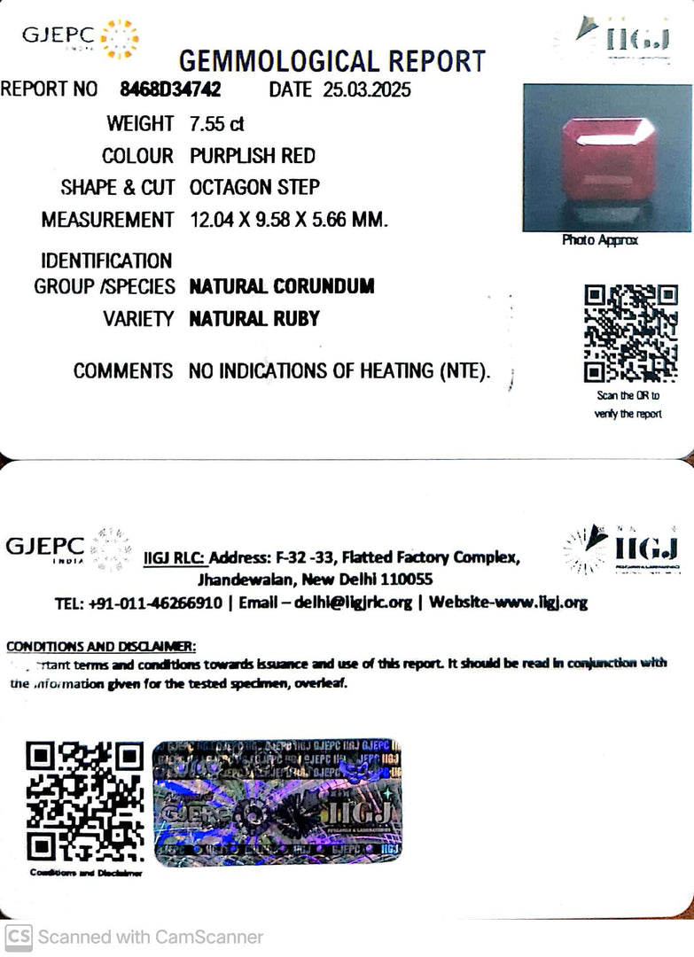 7.55/CT Natural Ruby with Govt. Lab Certificate