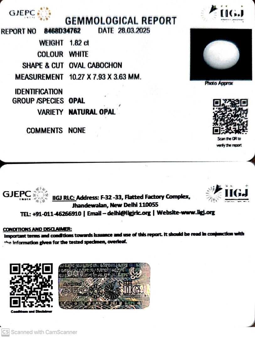 1.82/CT Natural Opal with Govt. Lab Certificate