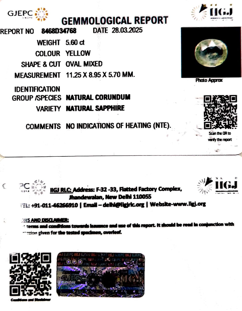 5.60/CT Natural Yellow Sapphire With Govt Lab Certificate