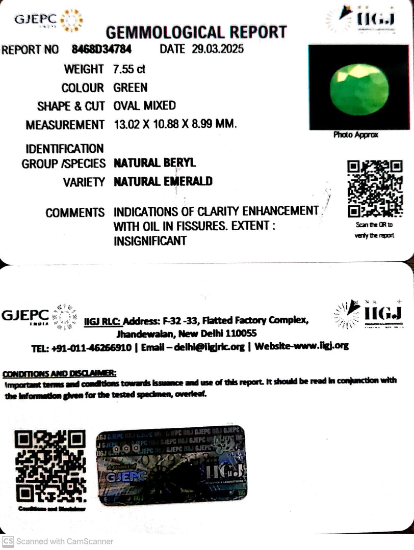 7.55/CT Natural Panna Stone with Govt. Lab Certificate (2331)