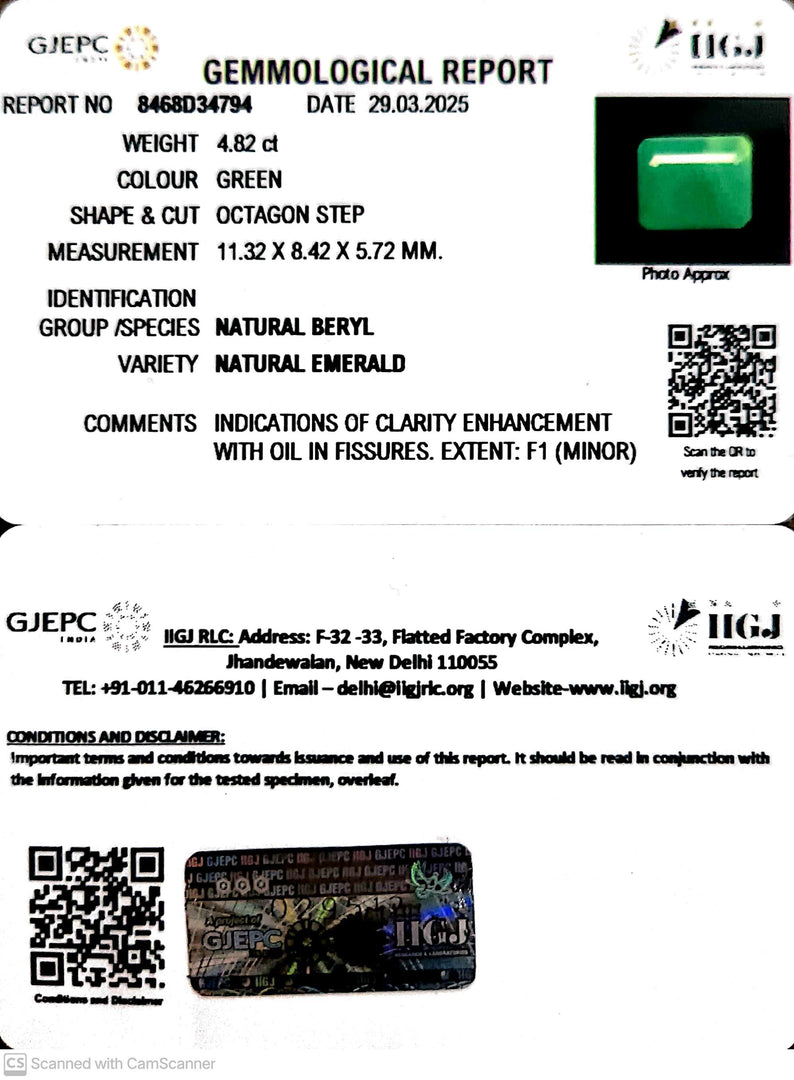 4.82/CT Natural Panna Stone with Govt. Lab Certificate