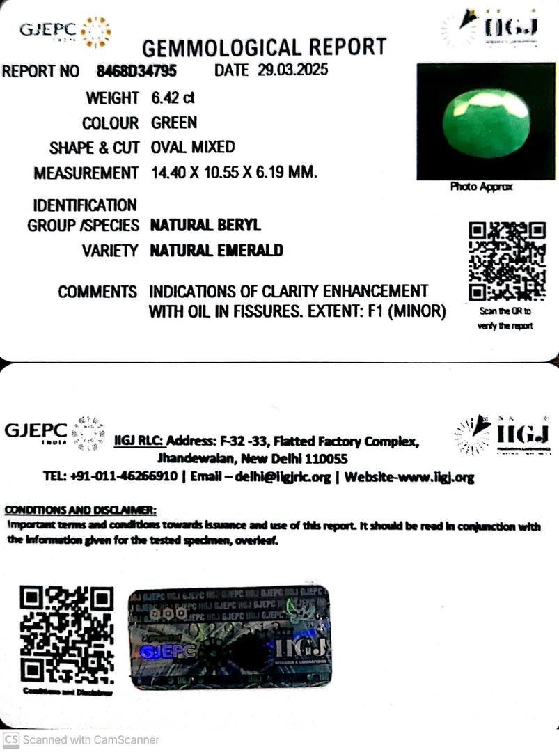 6.42/CT Natural Panna Stone with Govt. Lab Certificate