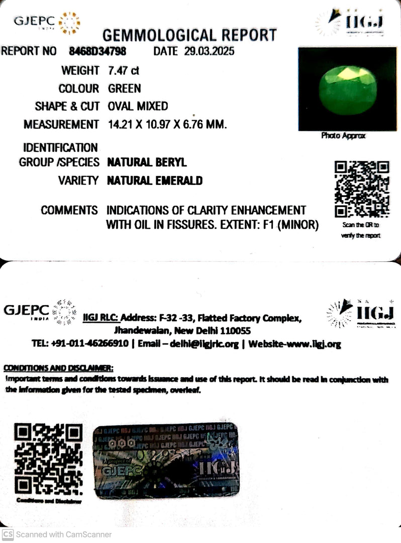 7.47/CT Natural Panna Stone with Govt. Lab Certificate
