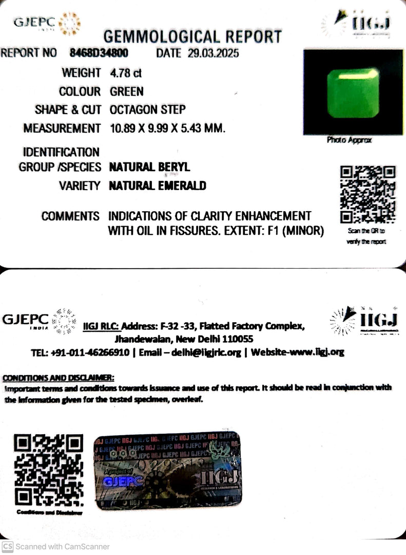 4.78/CT Natural Panna Stone with Govt. Lab Certificate