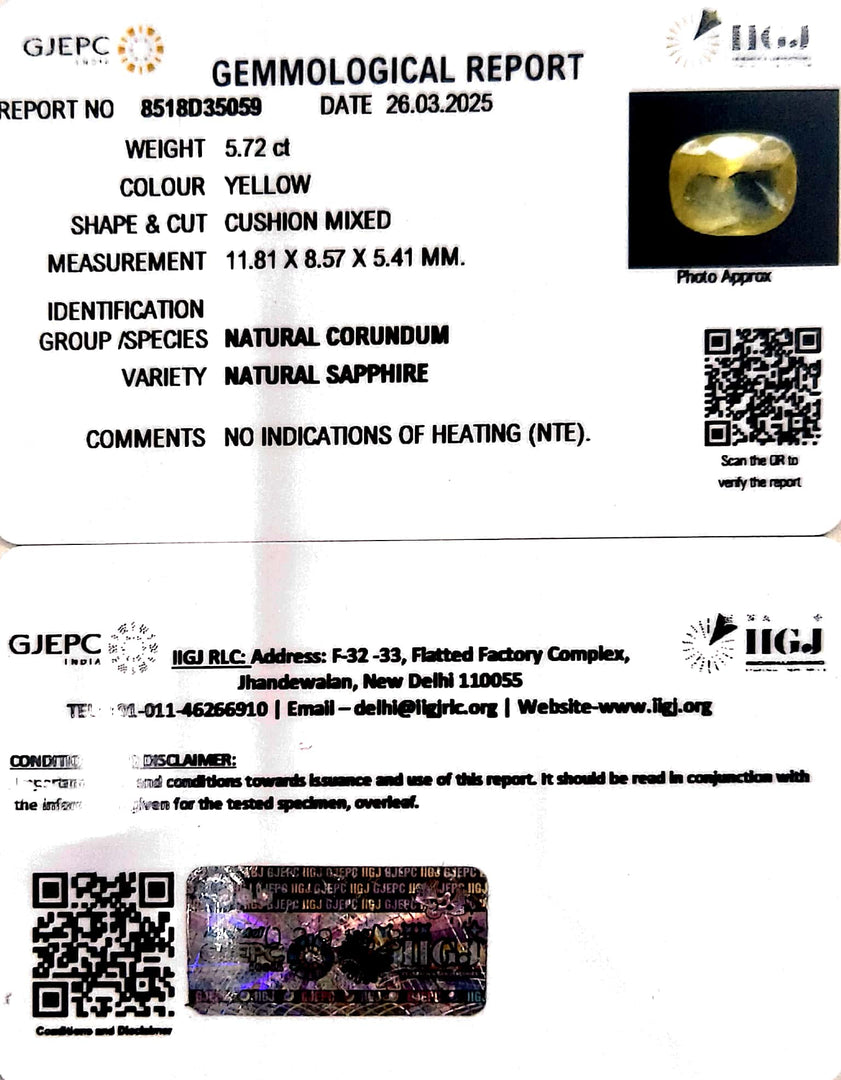 5.72/CT Natural Yellow Sapphire With Govt Lab Certificate