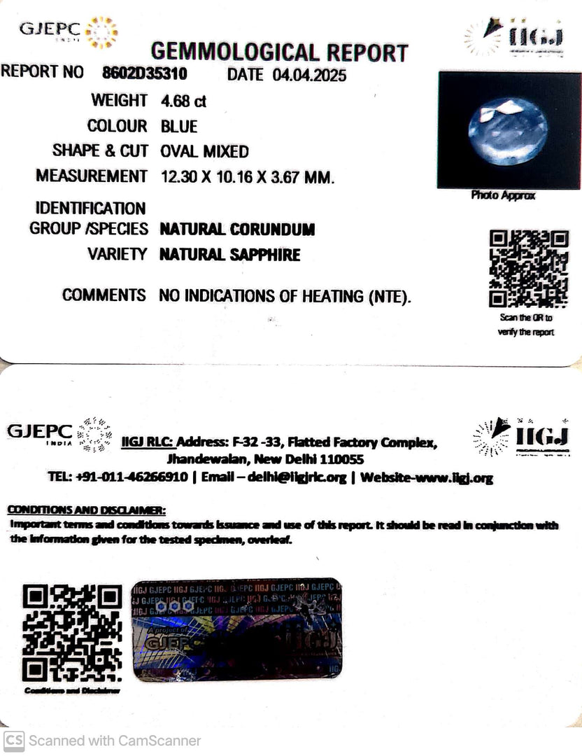 4.68/CT Natural Blue Sapphire With Govt Lab Certificate