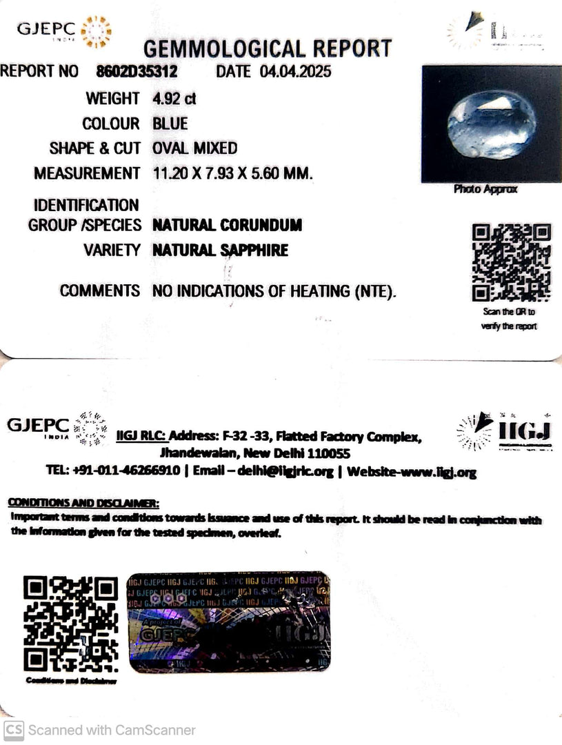 4.92/CT Natural Blue Sapphire With Govt Lab Certificate
