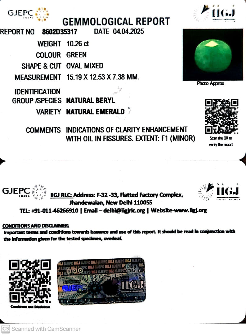 10.26/CT Natural Panna Stone with Govt. Lab Certificate