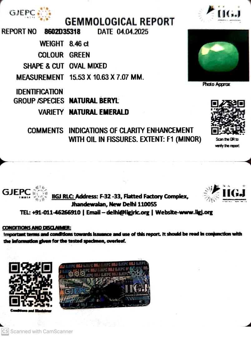 8.46/CT Natural Panna Stone with Govt. Lab Certificate