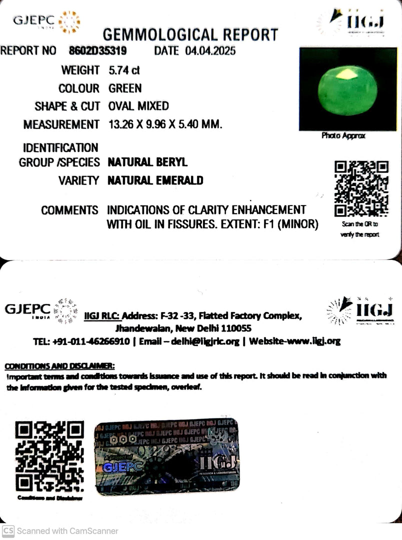 5.74/CT Natural Panna Stone with Govt. Lab Certificate