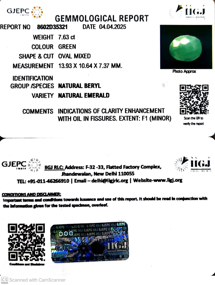 6.43/CT Natural Panna Stone with Govt. Lab Certificate