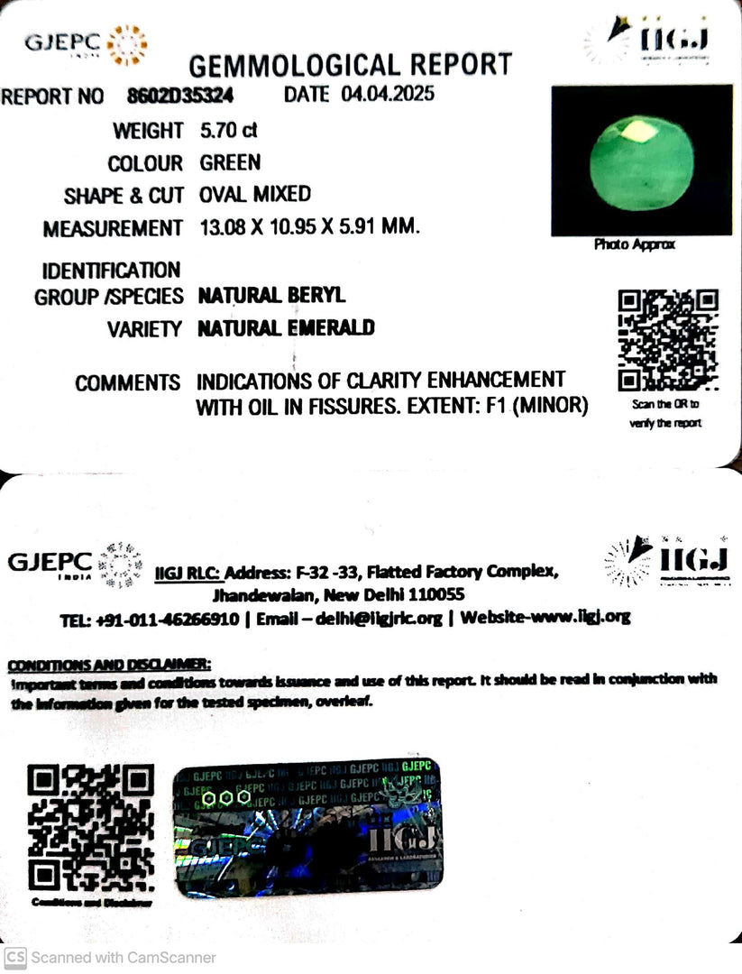 5.70/CT Natural Panna Stone with Govt. Lab Certificate