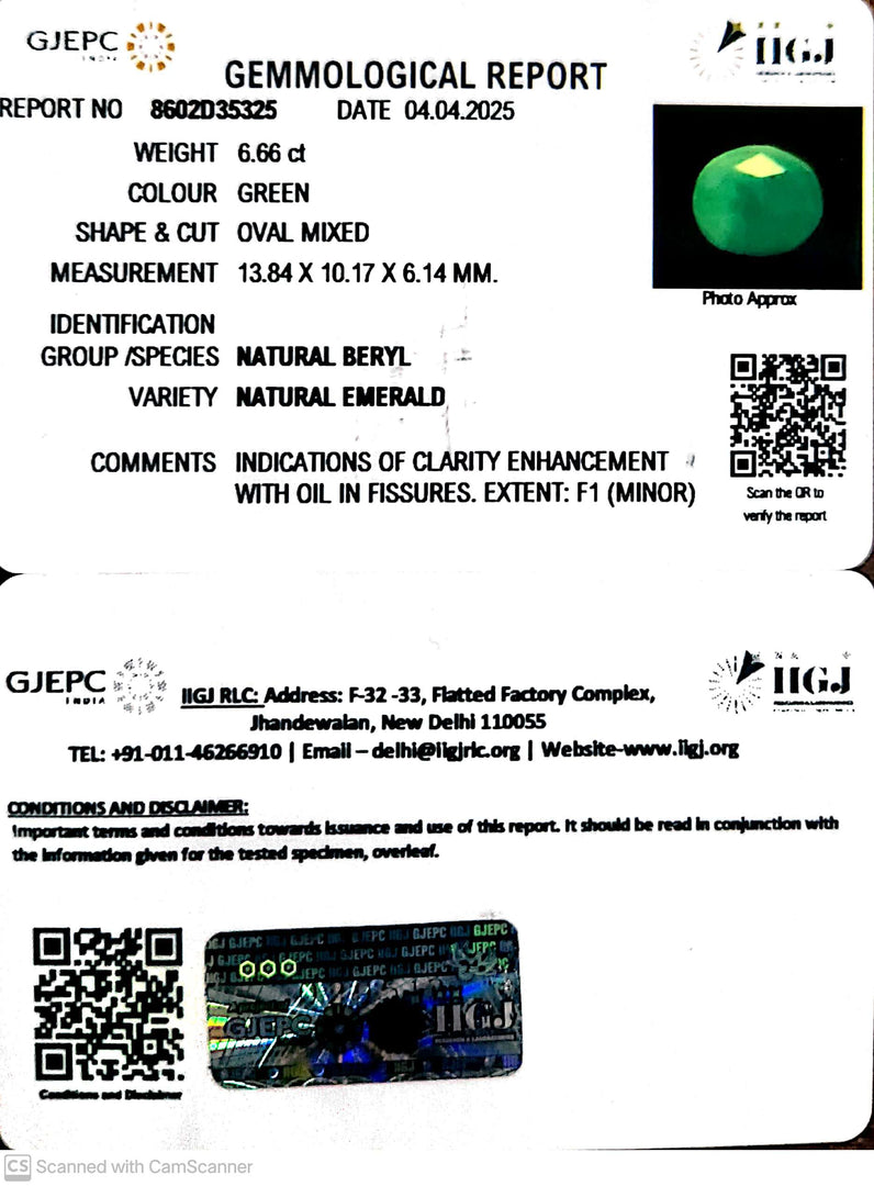 6.66/CT Natural Panna Stone with Govt. Lab Certificate