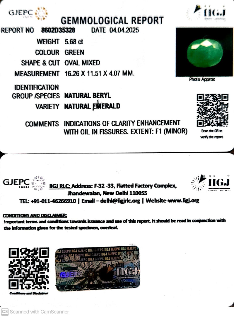5.68/CT Natural Panna Stone with Govt. Lab Certificate