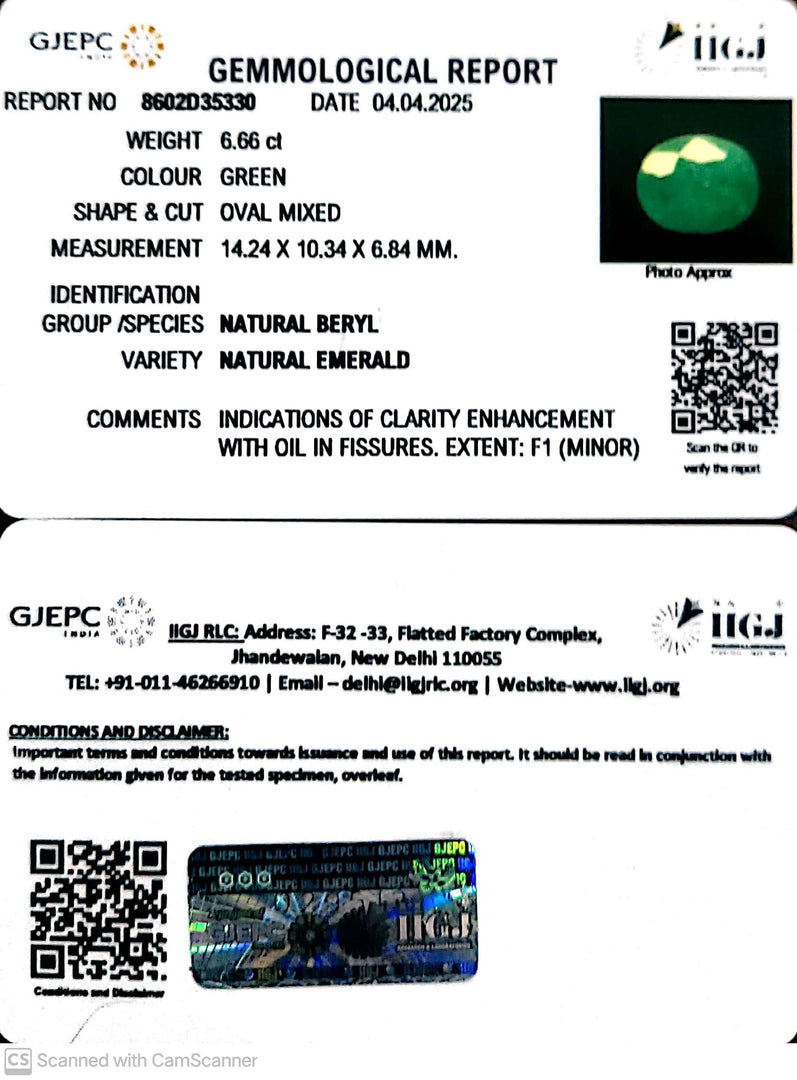 6.66/CT Natural Panna Stone with Govt. Lab Certificate