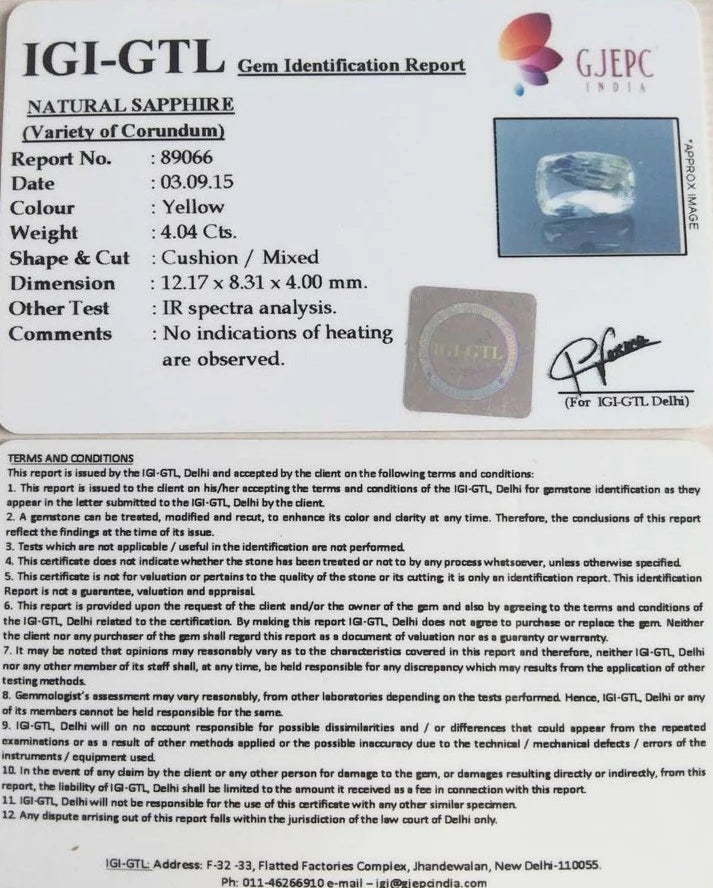 4.04/CT Natural Yellow Sapphire With Govt Lab Certificate-89066
