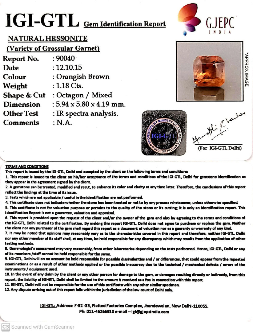 1.18/CT Natural Hessonite Stone with Govt. Lab Certificate-90040