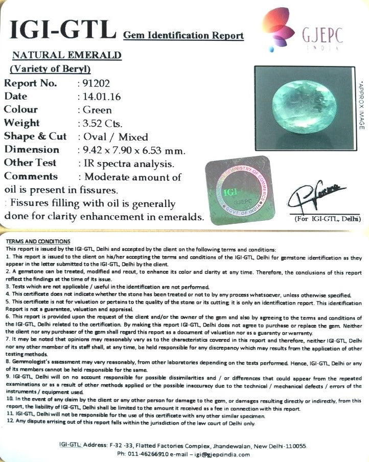 3.52/CT Natural Panna Stone with Govt. Lab Certificate (56610)