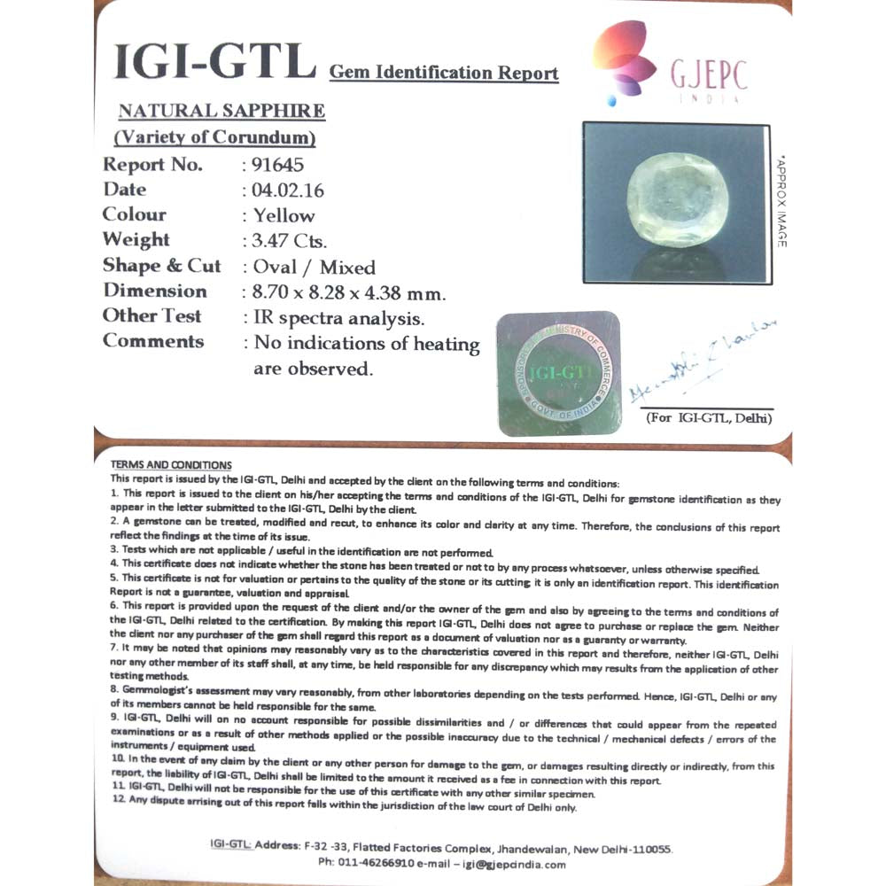 3.86 Ratti Natural yellow sapphire with Govt Lab Certificate-(6100)