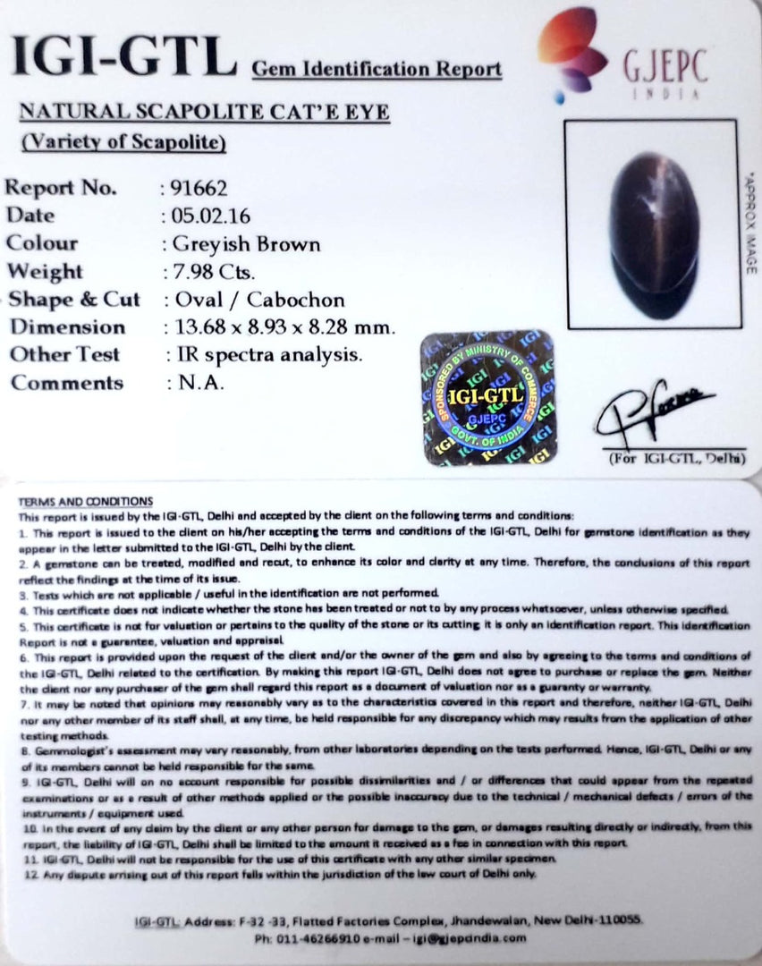 8.85 Ratti Natural Scapolite Cat's Eye with Govt. Lab Certified-(1221)