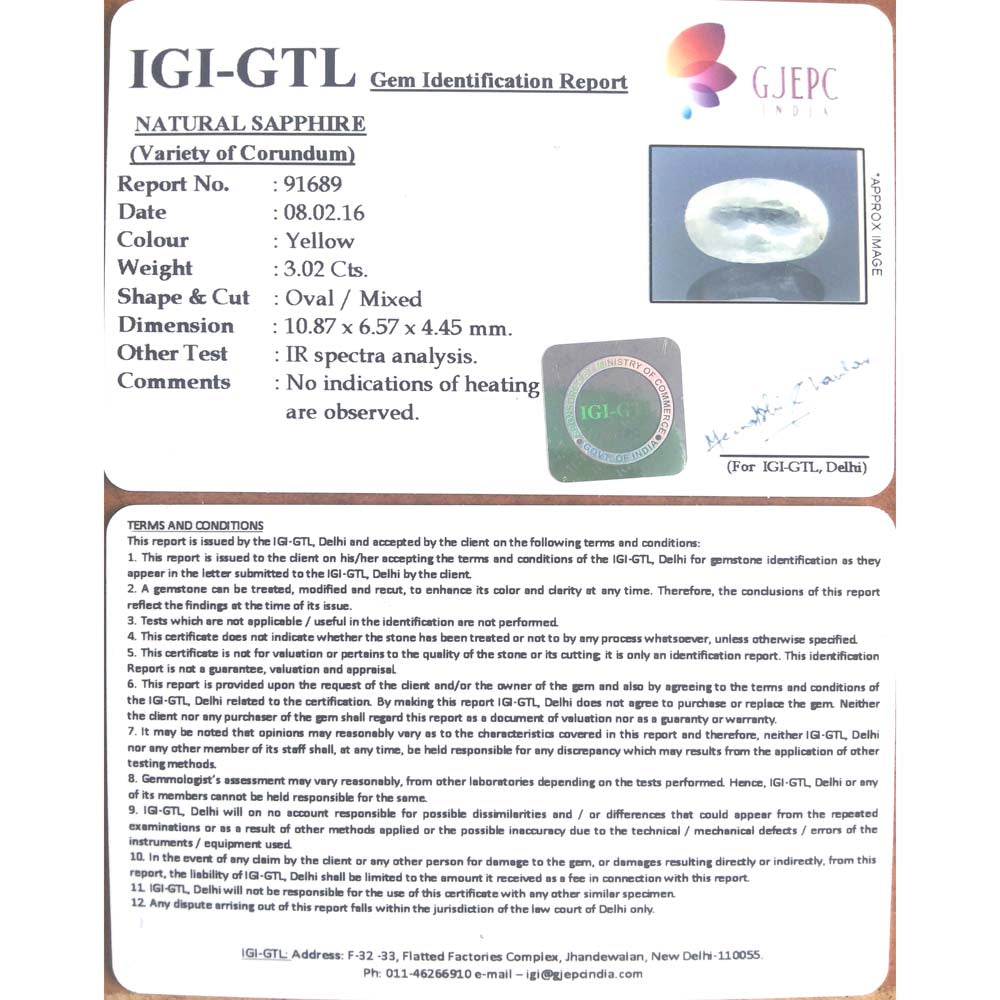 3.36 Ratti Natural yellow sapphire with Govt Lab Certificate-(YELSA9T)