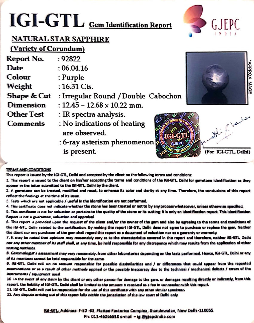 18.10 Ratti Star Sapphire with Govt. Lab Certificate-(5661)