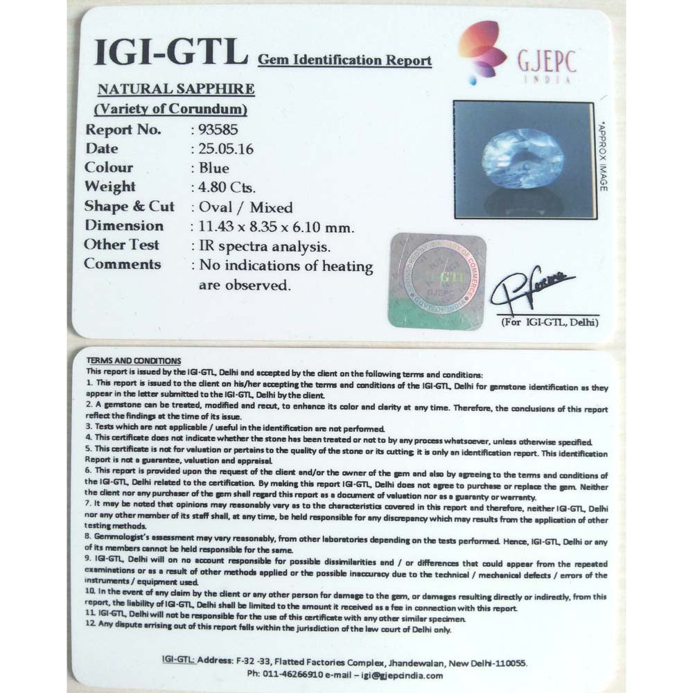 4.80/CT Natural Blue sapphire with Govt Lab Certificate-BLUSA9V