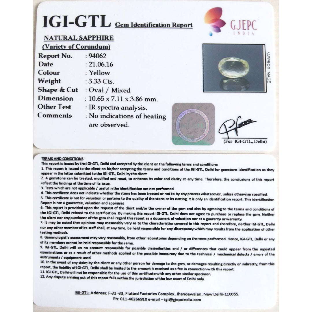 3.70 Ratti yellow sapphire with Govt Lab Certified-(YELSA9V)