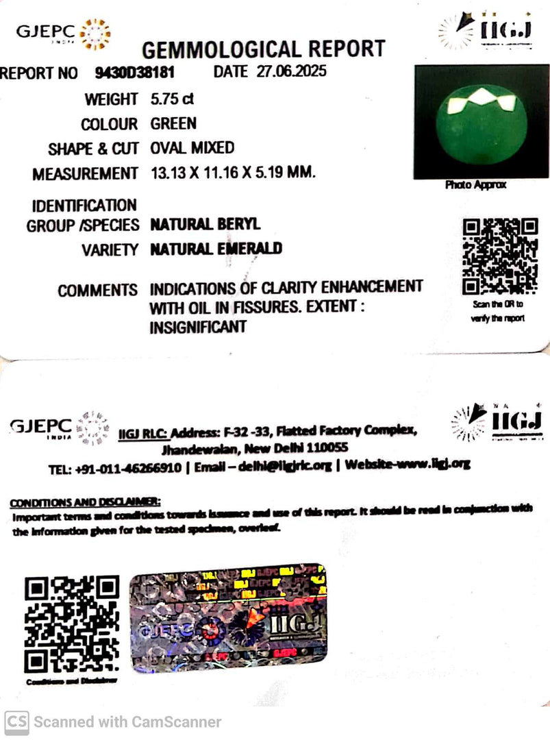 5.75/CT Natural Panna Stone with Govt. Lab Certificate (6771)