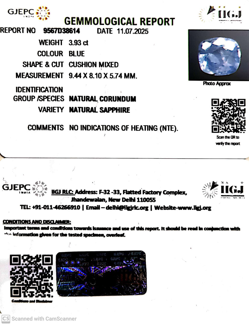 3.93/CT Natural Blue Sapphire with Govt Lab Certificate ( 34410)