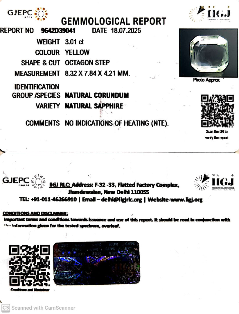 3.01/CT Natural Yellow Sapphire With Govt Lab Certificate (45510)