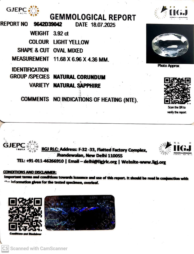 3.92/CT Natural Yellow Sapphire With Govt Lab Certificate (56610)