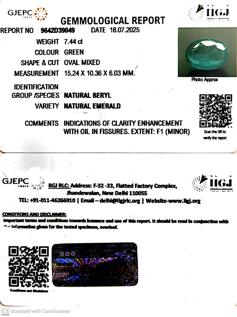 7.44/CT Natural Panna Stone with Govt. Lab Certificate (89910)