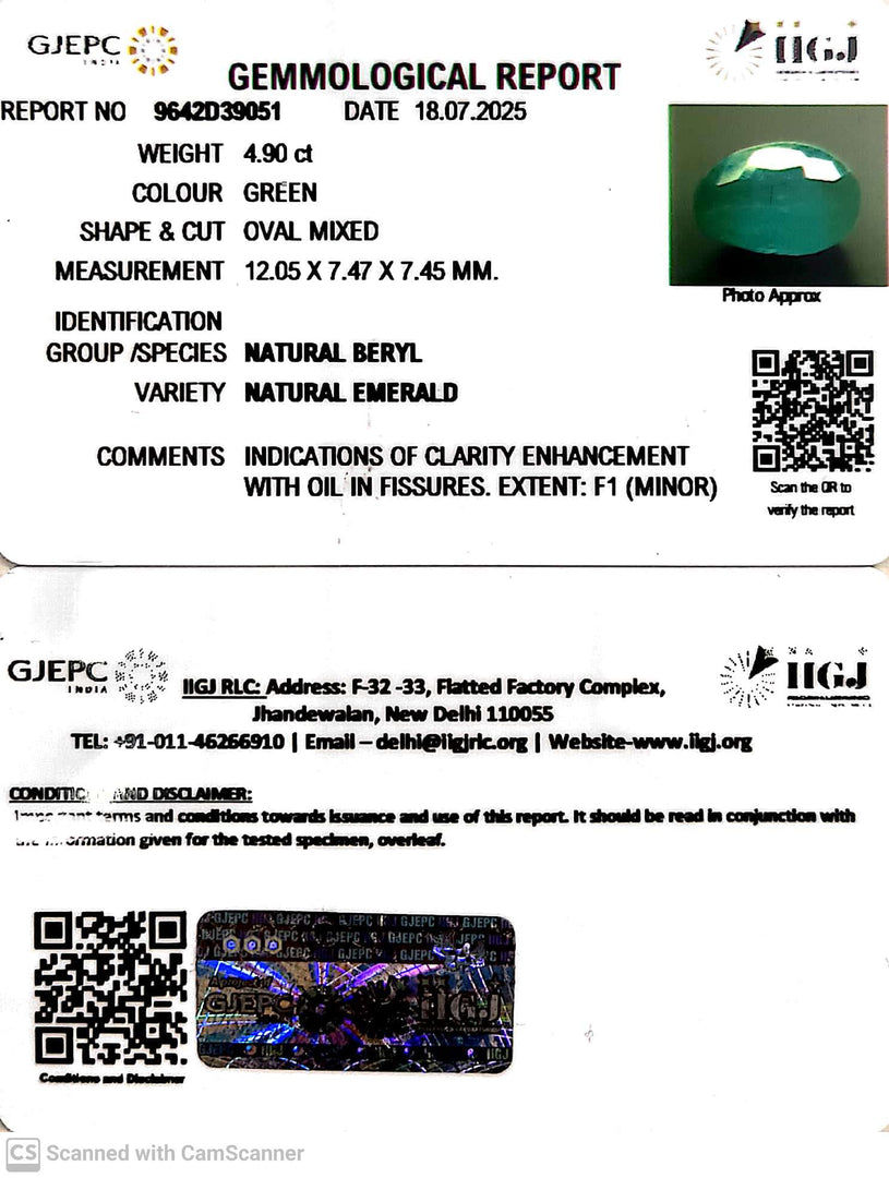 4.90/CT Natural Panna Stone with Govt. Lab Certificate (34410)