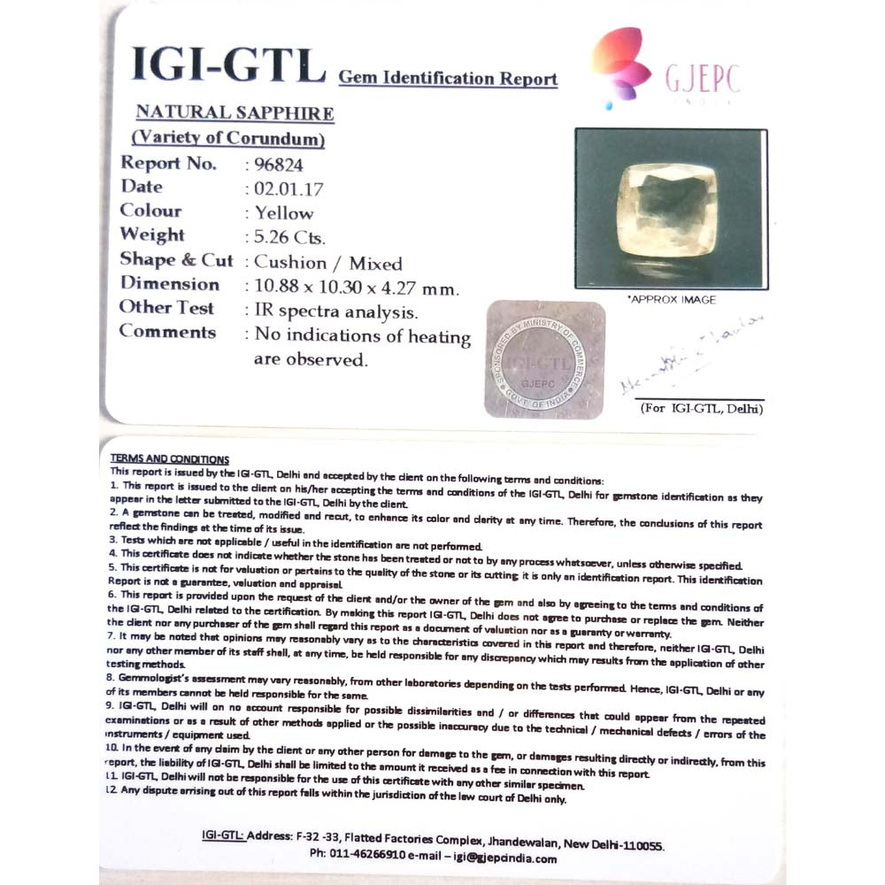 5.26/CT Yellow sapphire with Govt Lab Certificate-45510