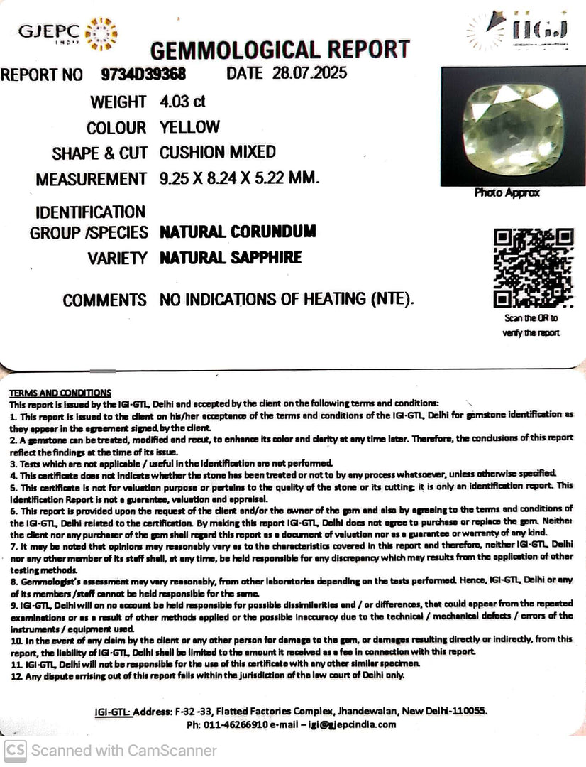 4.03/CT Natural Yellow Sapphire With Govt Lab Certificate (23310)