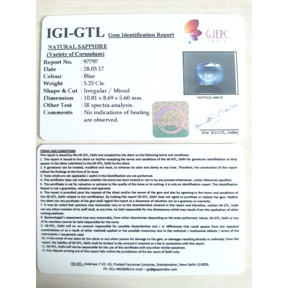 5.83 Ratti NATURAL  Blue sapphier with Govt Lab Certified-(21000)
