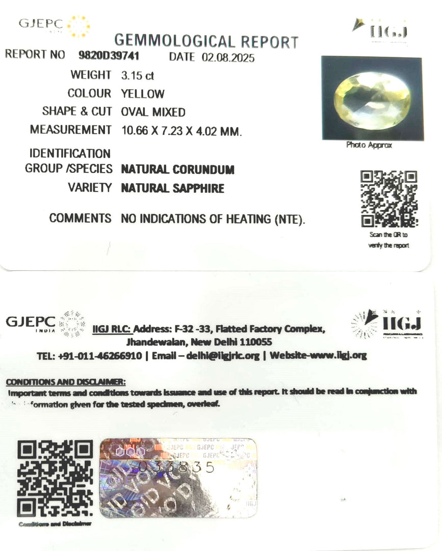 3.15/CT Natural Yellow Sapphire With Govt Lab Certificate (34410)